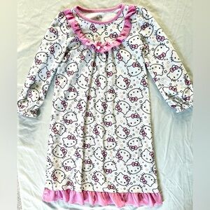 Hello Kitty Girls Nightgown Size 4/5 Pink White Long Sleeve Ruffle Pajama Dress